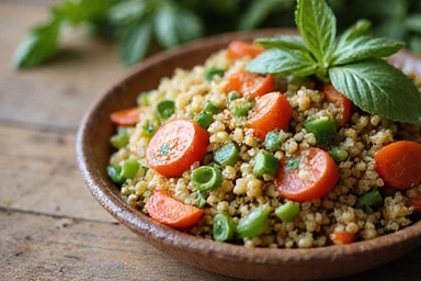 Una ciotola di quinoa colorata con verdure fresche e erbe aromatiche, presentata in modo artistico su un tavolo di legno.
