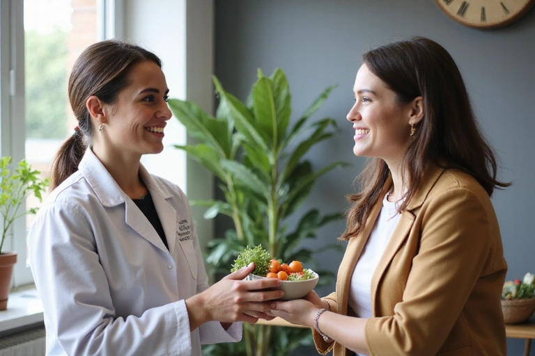 Una nutrizionista che interagisce con i clienti in un ambiente moderno e accogliente.