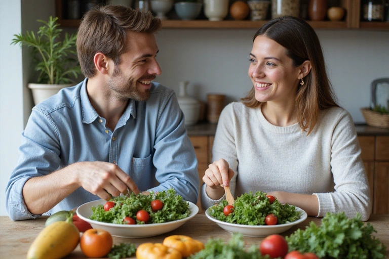 Uomo e donna sorridenti che mangiano un'insalata fresca, rappresentando un approccio olistico alla nutrizione.