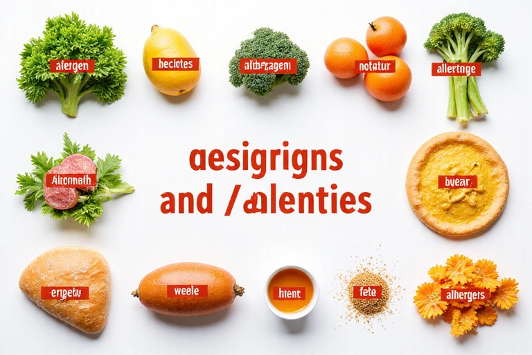Vari alimenti con etichette allergene evidenziate, simboleggiando la gestione di allergie e intolleranze alimentari.