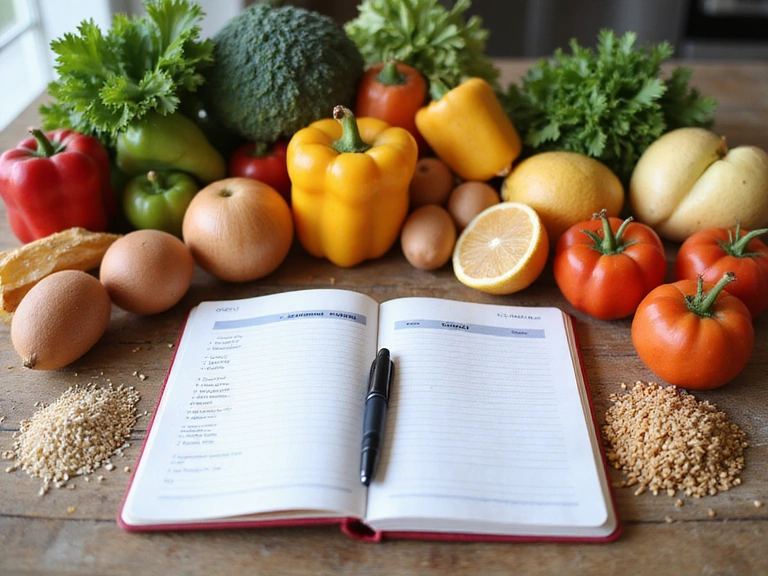 Tavolo con ingredienti freschi e un quaderno per il piano alimentare